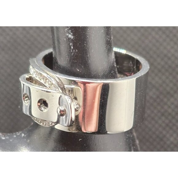 Michael Kors Silver Tone Buckle Ring Rhinestone Accents Wide Band Size 7 - Picture 2 of 8